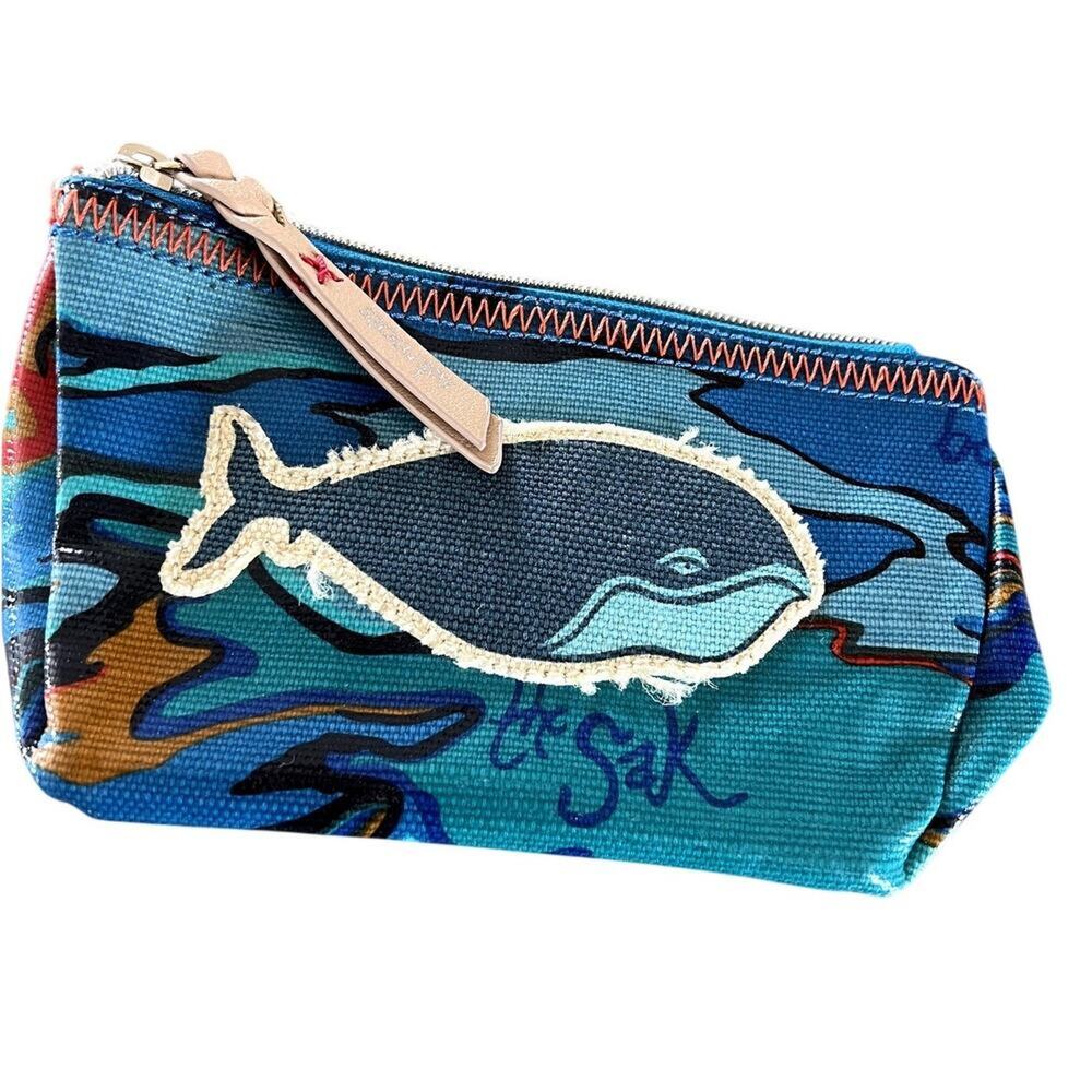 Sakroots laminated Zipper Pouch, Whale Applique, teal multicolors, 8" x 4 1/2"